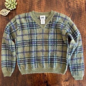 Northern Reflections | Fuzzy Wool Blend Plaid V-neck Sweater